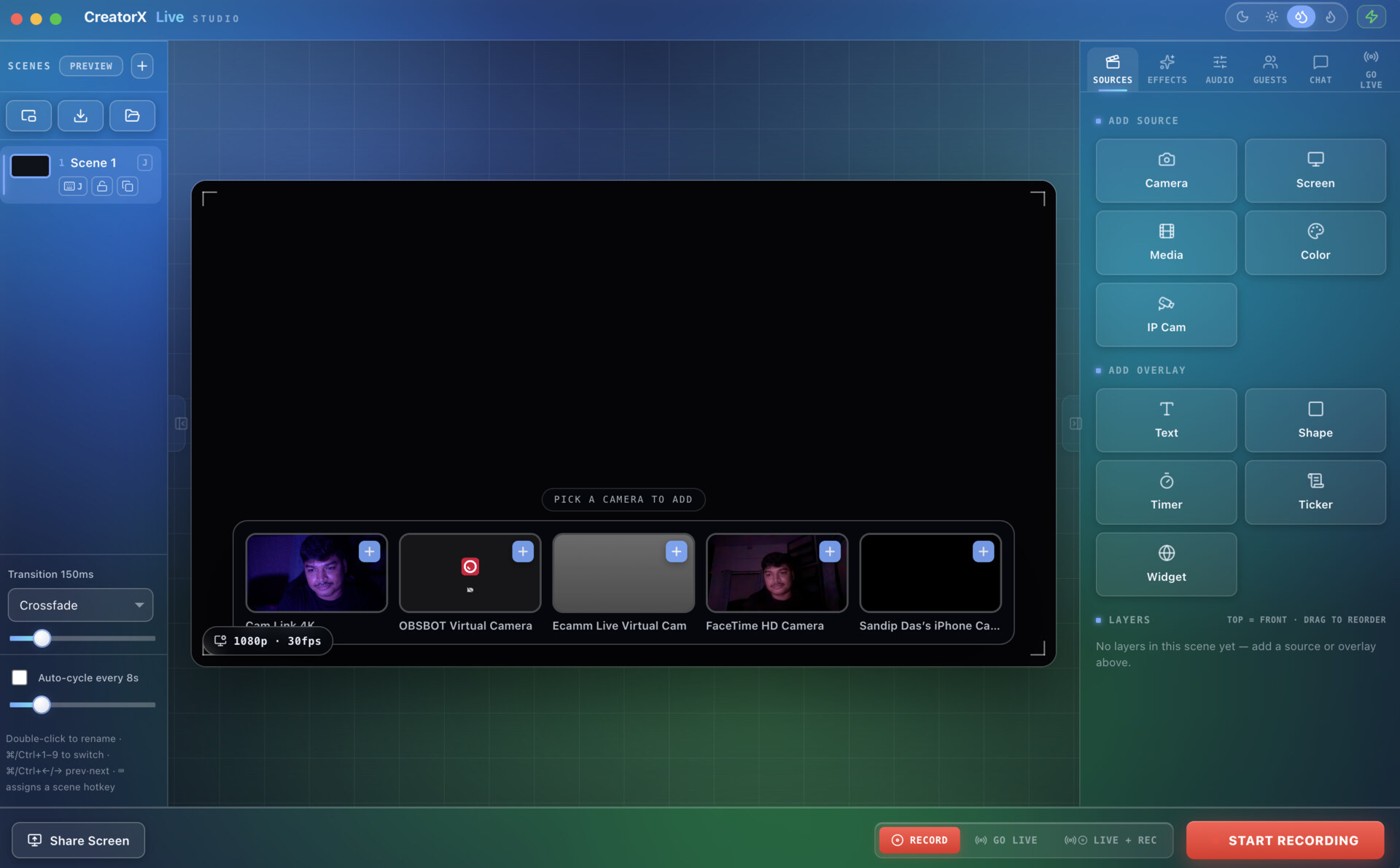 CreatorX Live Studio — the desktop studio with multiple cameras, scenes and one-click go-live